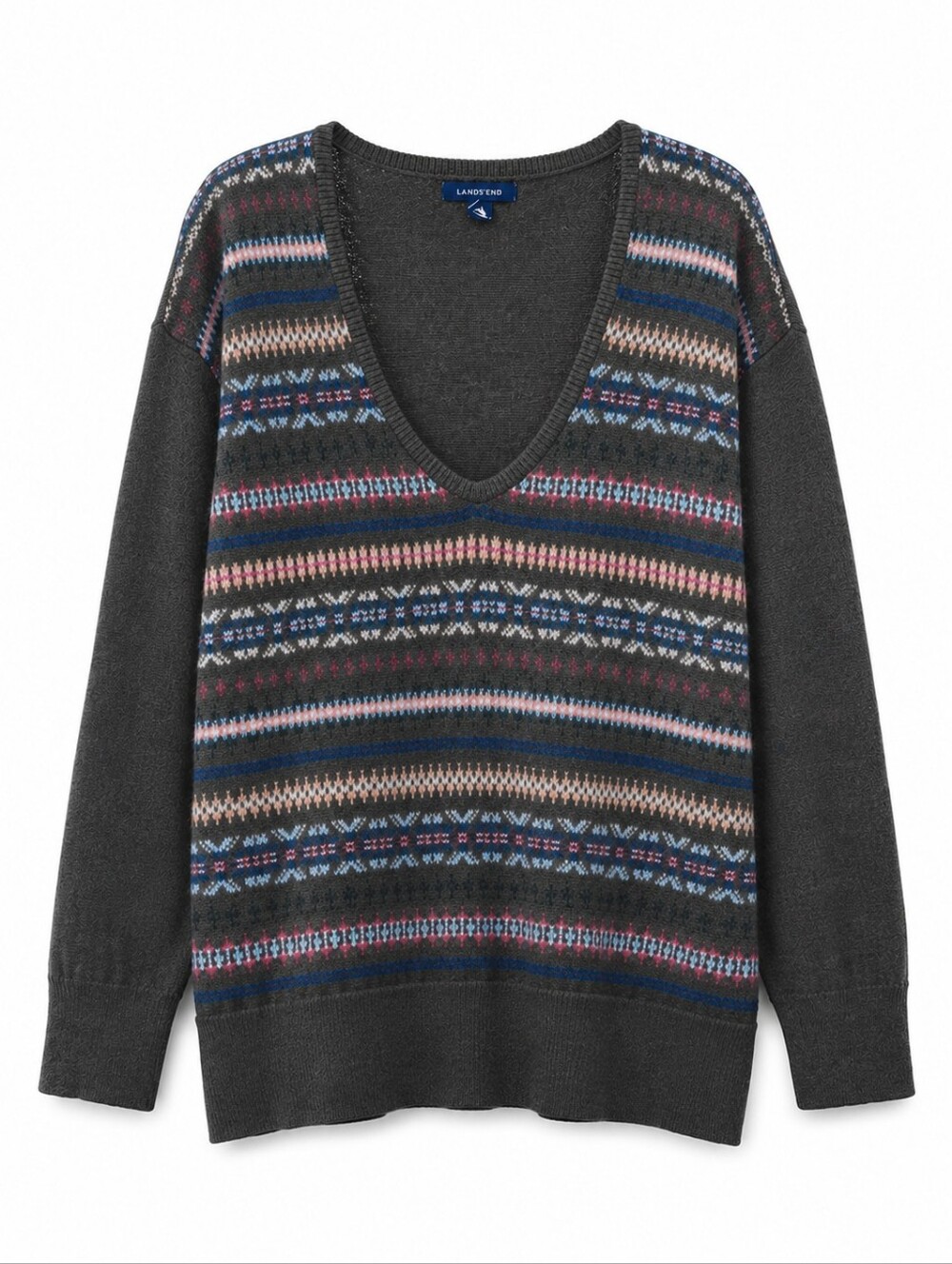 Lands' End Women's Pattermed Deep V-Neck Sweater, Size Medium